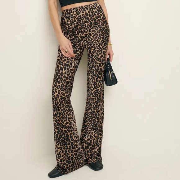 Reformation Gale Satin Silk Mid Rise Bias Wide Leg Pants Leo Leopard Cheetah - Picture 1 of 10